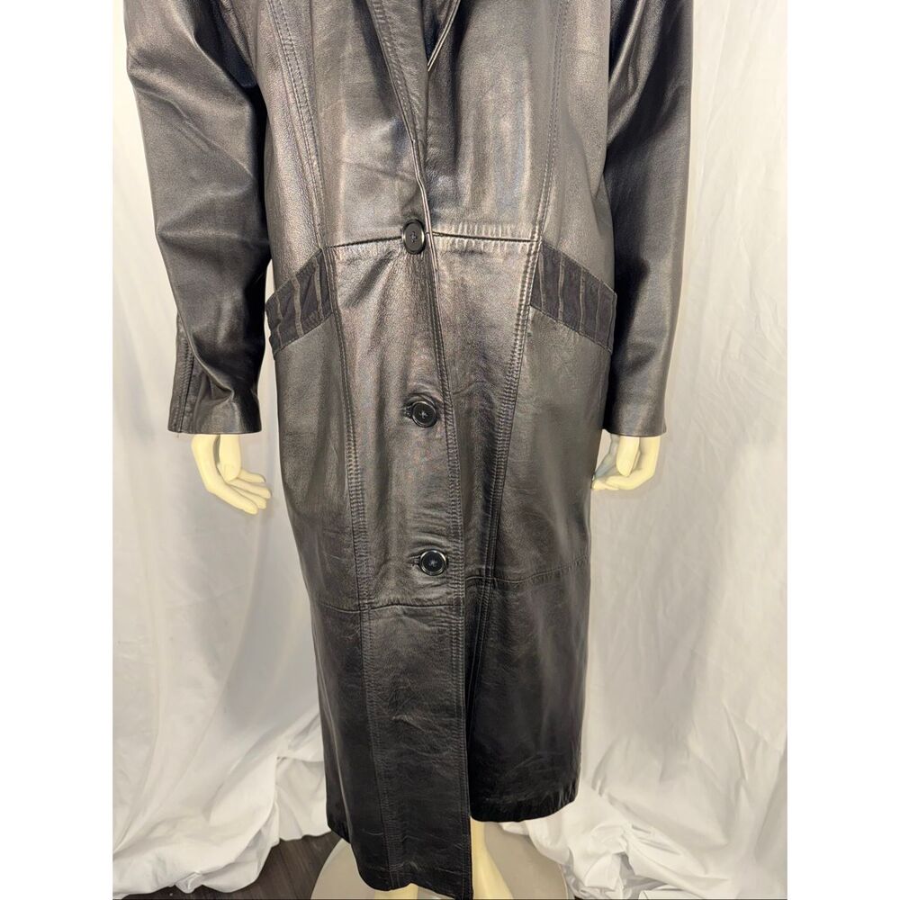 Vintage 1980s–1990s Excelled Genuine Leather Long Trench Coat – Black – Size S - Picture 4 of 16